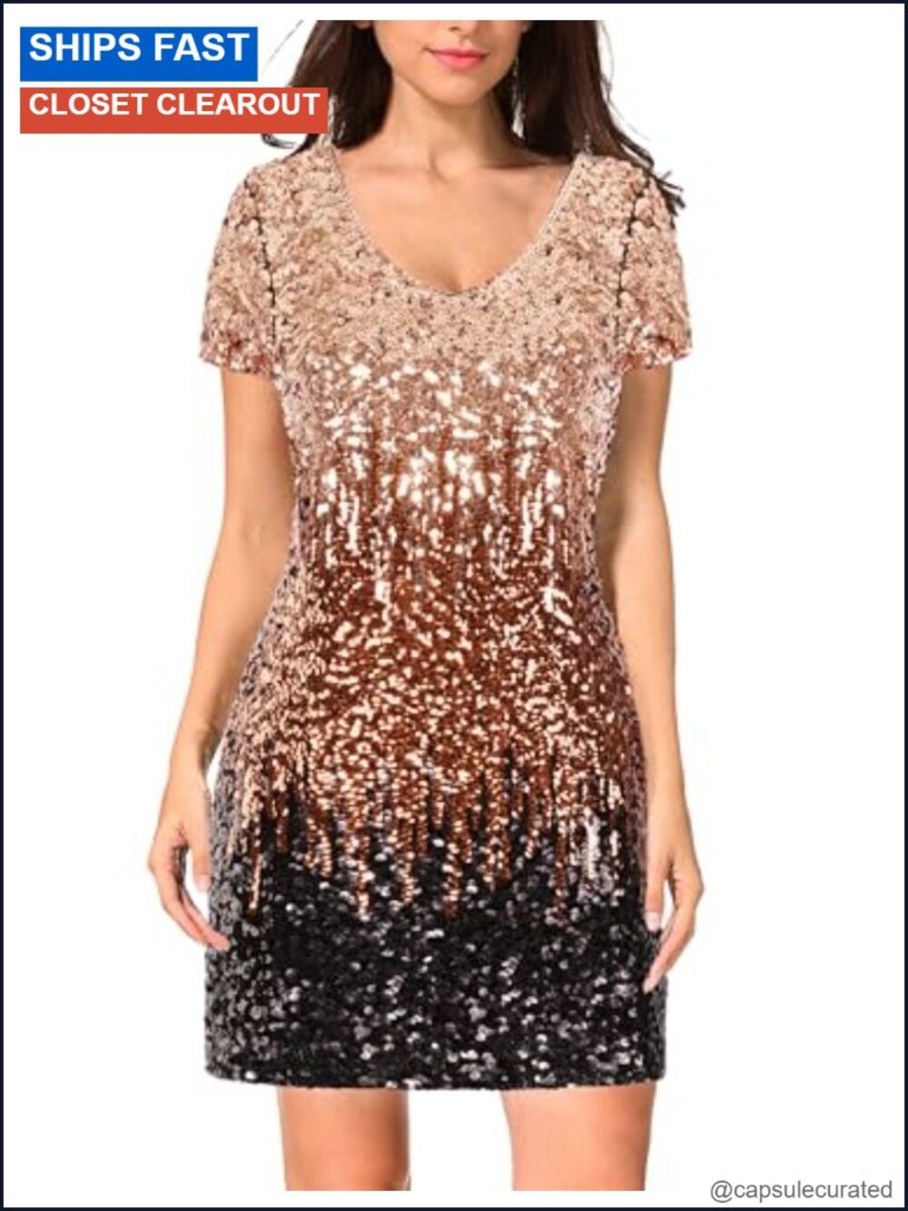 Sequin Glitter Short Sleeve V Neck Mini Bodycon Party Dress